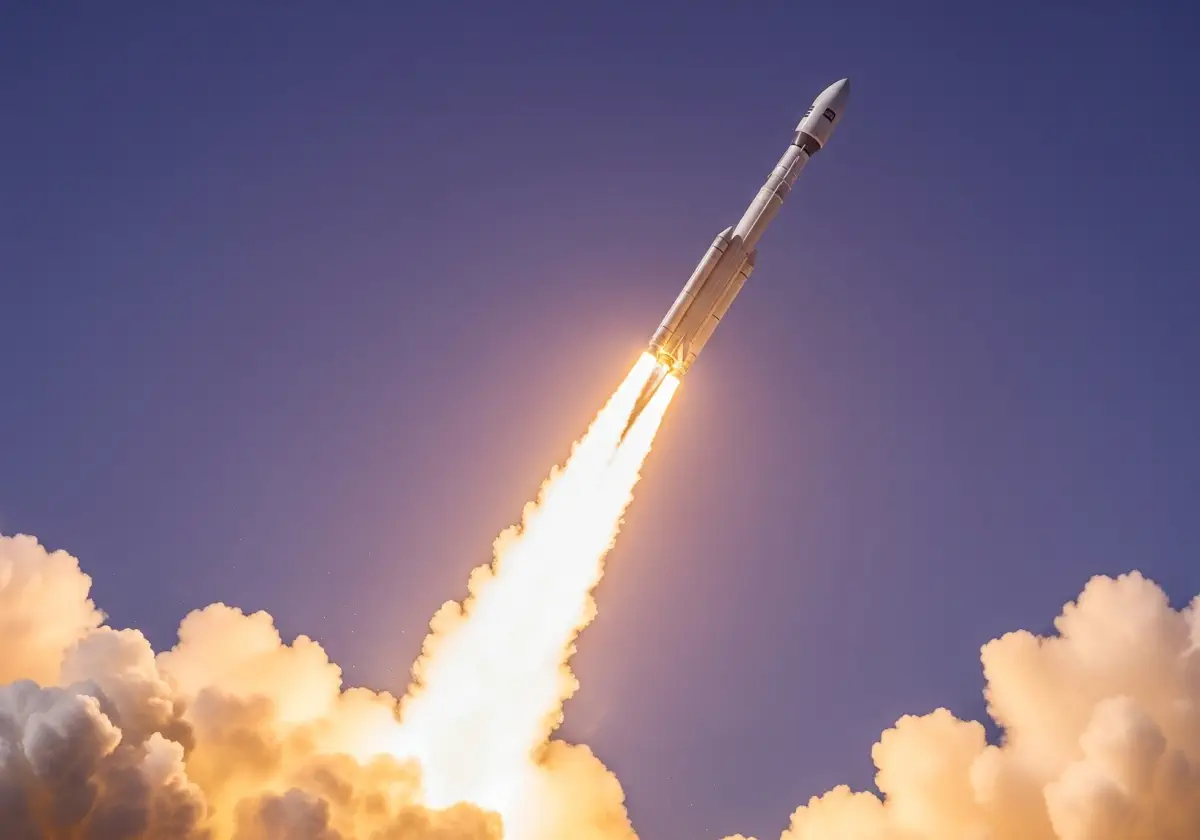 Ilustração de um foguete 'P'Arriba' saindo de um notebook